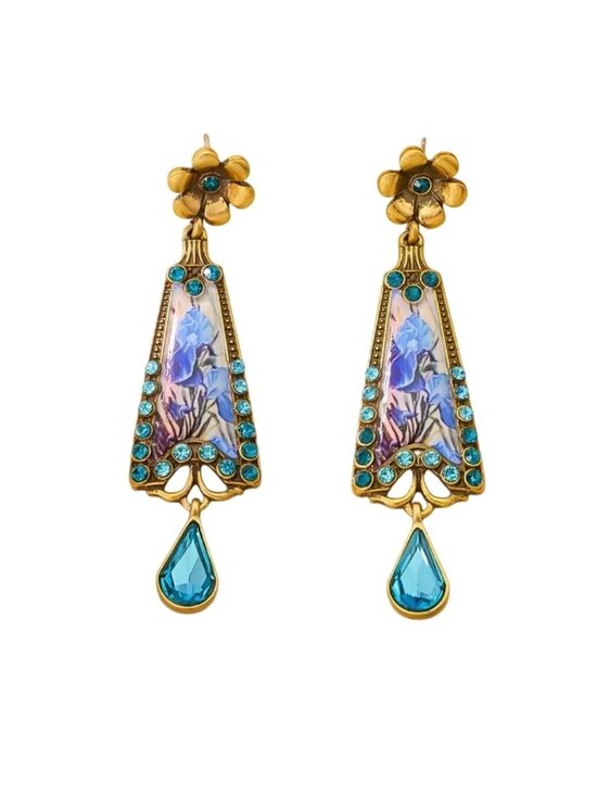 Jewelry - Art Nouveau Style Iris Earrings Gold Tone with Blue Crystals